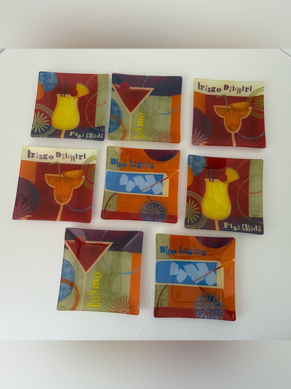 Vero Signed Glass Cocktail Plates Set of 8 Modernist Barware Appetizer Trays